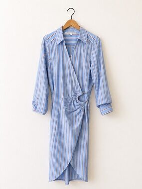 Veronica Beard Afton Striped Wrap Midi Dress NWOT Aero Blue Brick Size 16